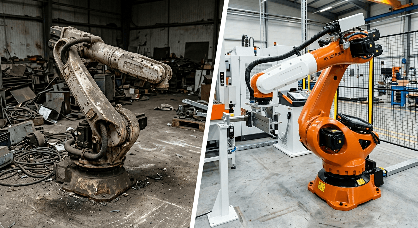 A used industrial robot restored to working condition — before and after